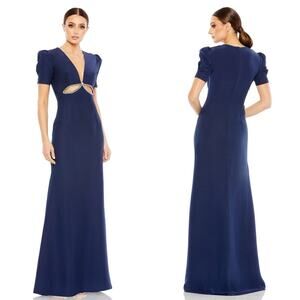 NWT Mac Duggal 2630 Plunge Neck Puff Sleeve Cut Out Gown Navy 4